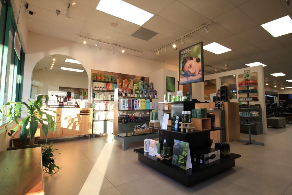 A well-lit beauty salon interior featuring shelves of hair and skincare products, a display stand, a large plant, and a poster of a woman’s face.