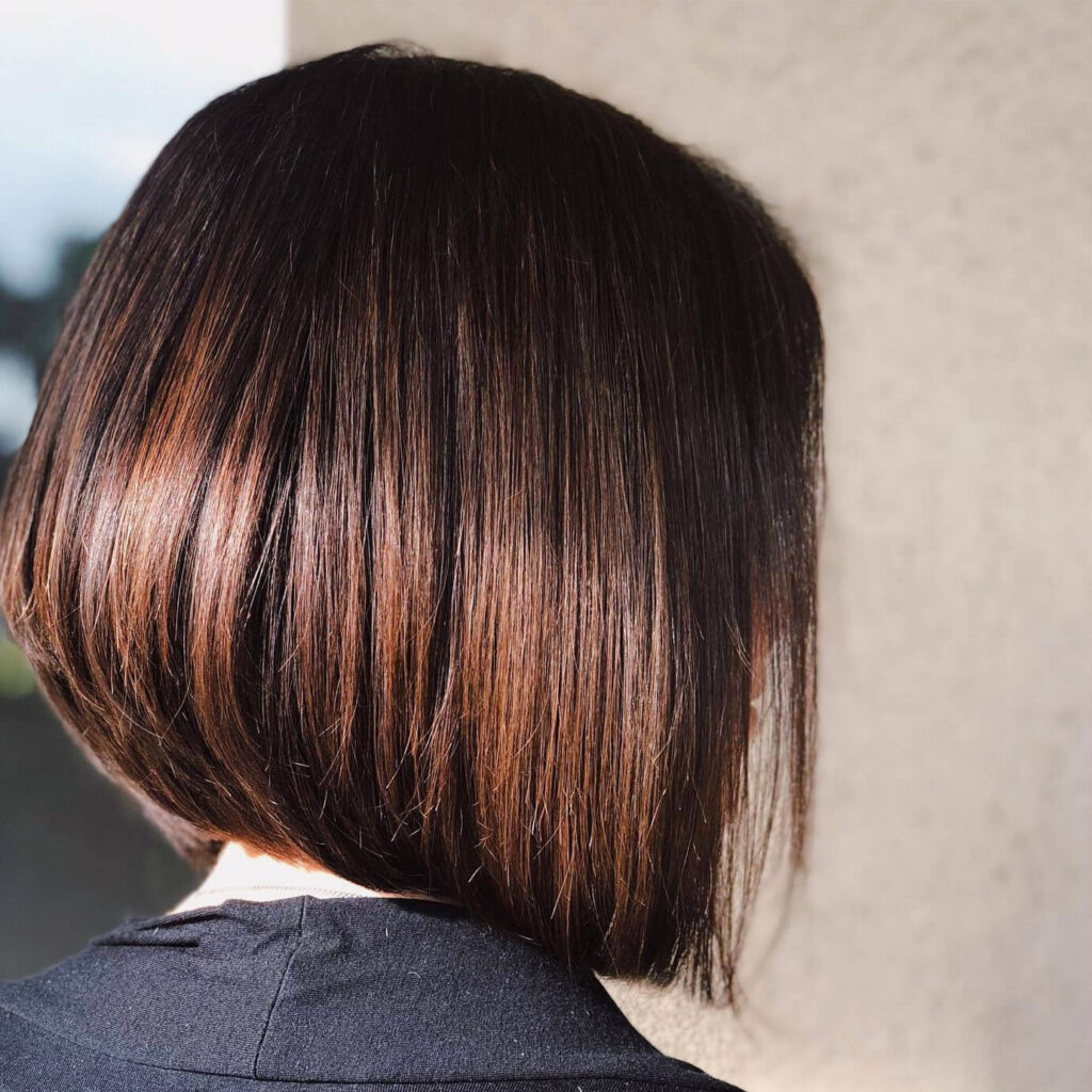 A person with straight, dark brown hair cut in a sleek chin-length bob, shown from the back against a neutral background.